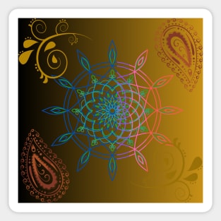 Brown gradient multicoloured dreamcatcher and paisley motif pattern with mandala design illustration Sticker